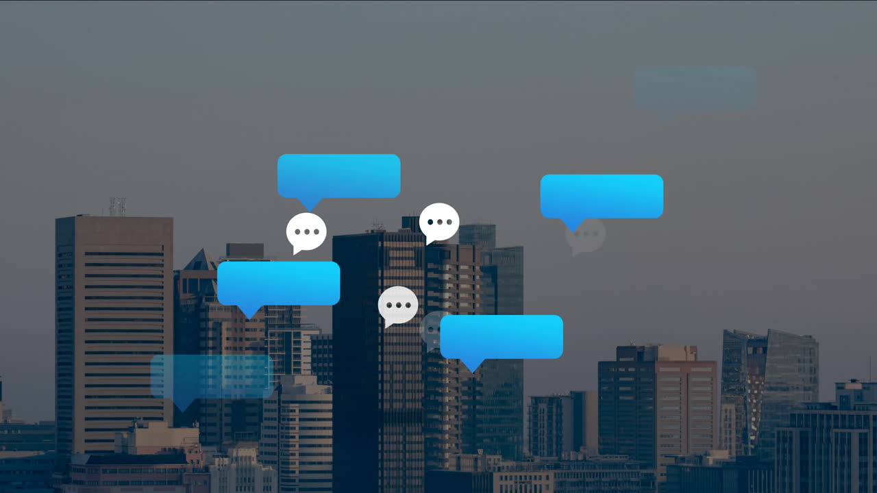 Blue chat bubbles and ellipses animation over city skyline background