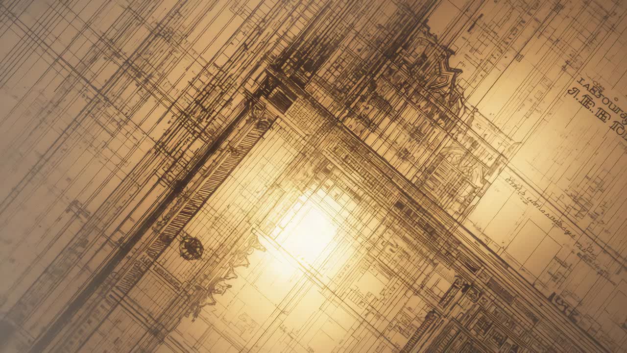 Sliding camera revealing sepia plan at studio to showcase ornate cornice, labels and central flare