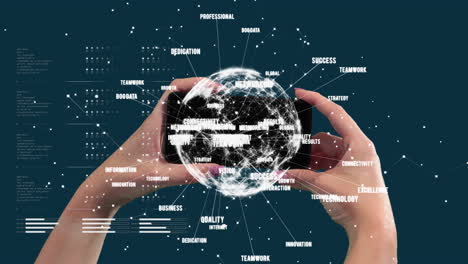 animation of globe of network of connections with business text over person holding smartphone