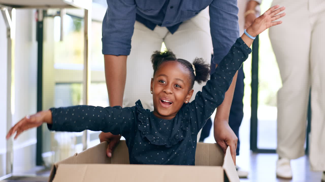 Father, girl and playing in box of new home