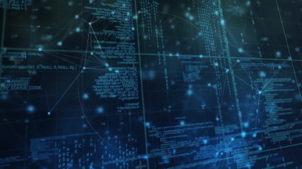 Animation of scope scanning over data processing, network of connections and glowing spots on grid