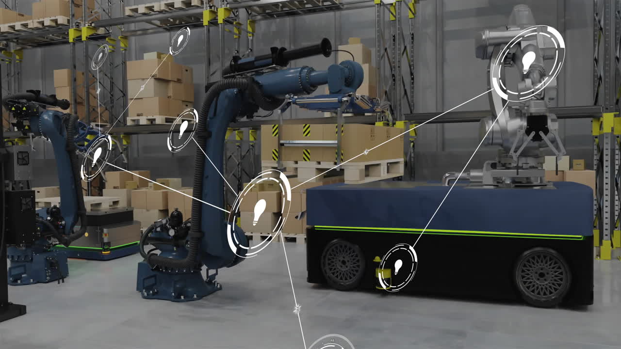 animación de la red de conexiones con iconos sobre el almacén