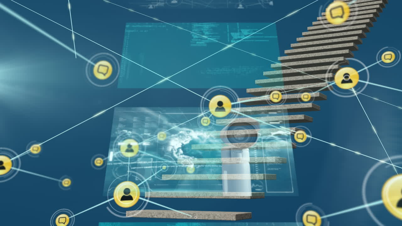 Animation of network of profile icons over screens with data processing against blue background
