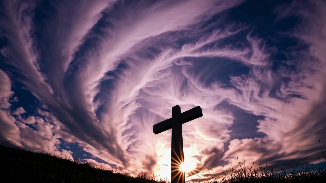 Dramatic low-angle shot of a cross silhouetted against swirling clouds and a radiant sun