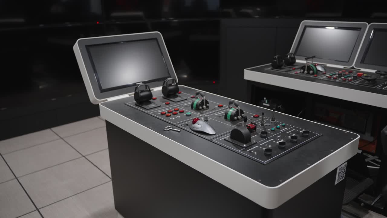 High-tech maritime navigation simulators with control panels and monitors used for training ship operators at a maritime university