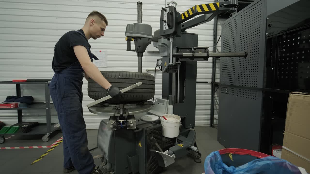 Mechanic Changing a Tire in a Workshop