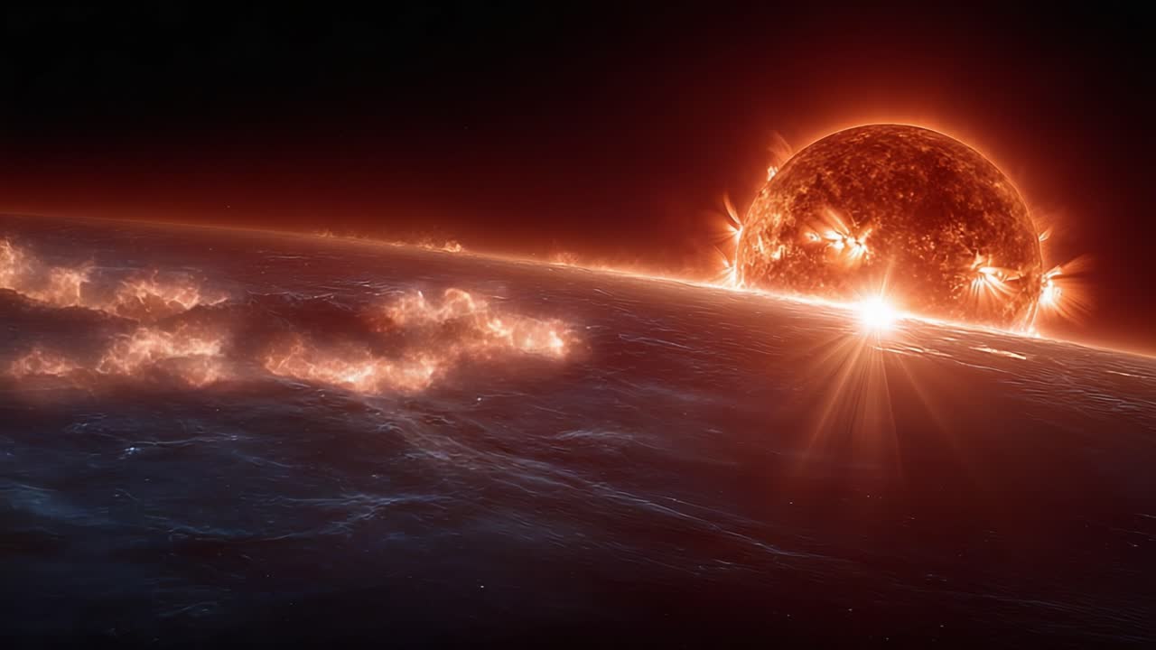 Stunning Celestial Display: The Breathtaking Sunrise Over an Alien Ocean with Fiery Solar Flares Illuminating the Horizon in a Dazzling Cosmic Scene