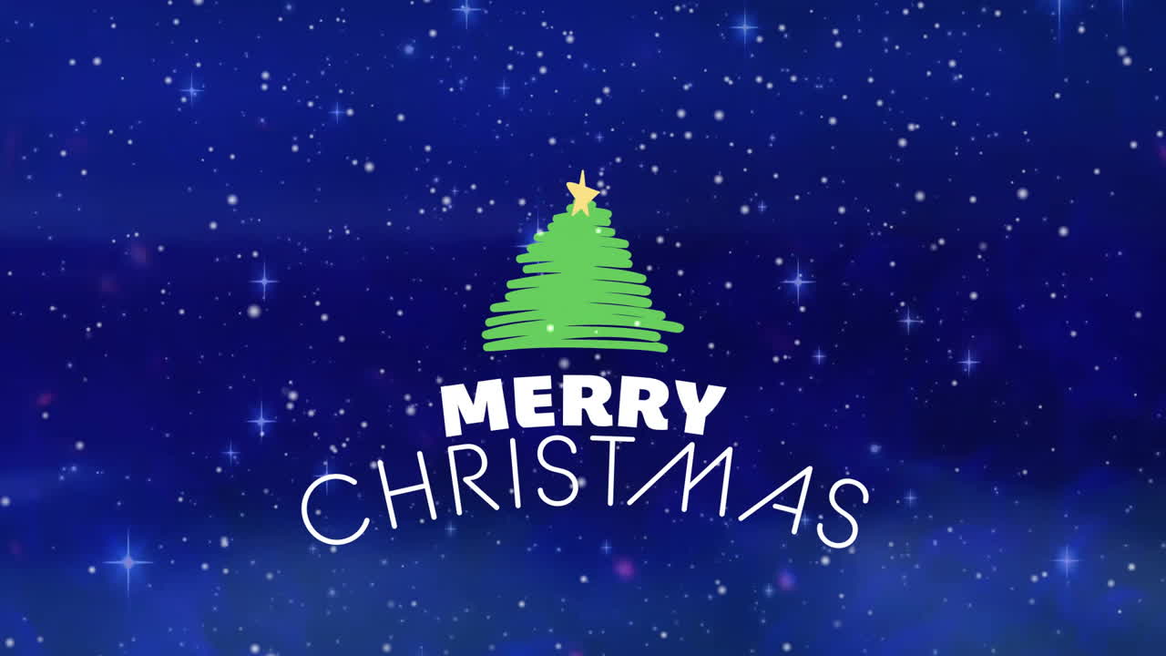 메리 크리스마스 텍스트와 겨울 풍경에서 크리스마스 트리 위에 내리는 눈의 애니메이션