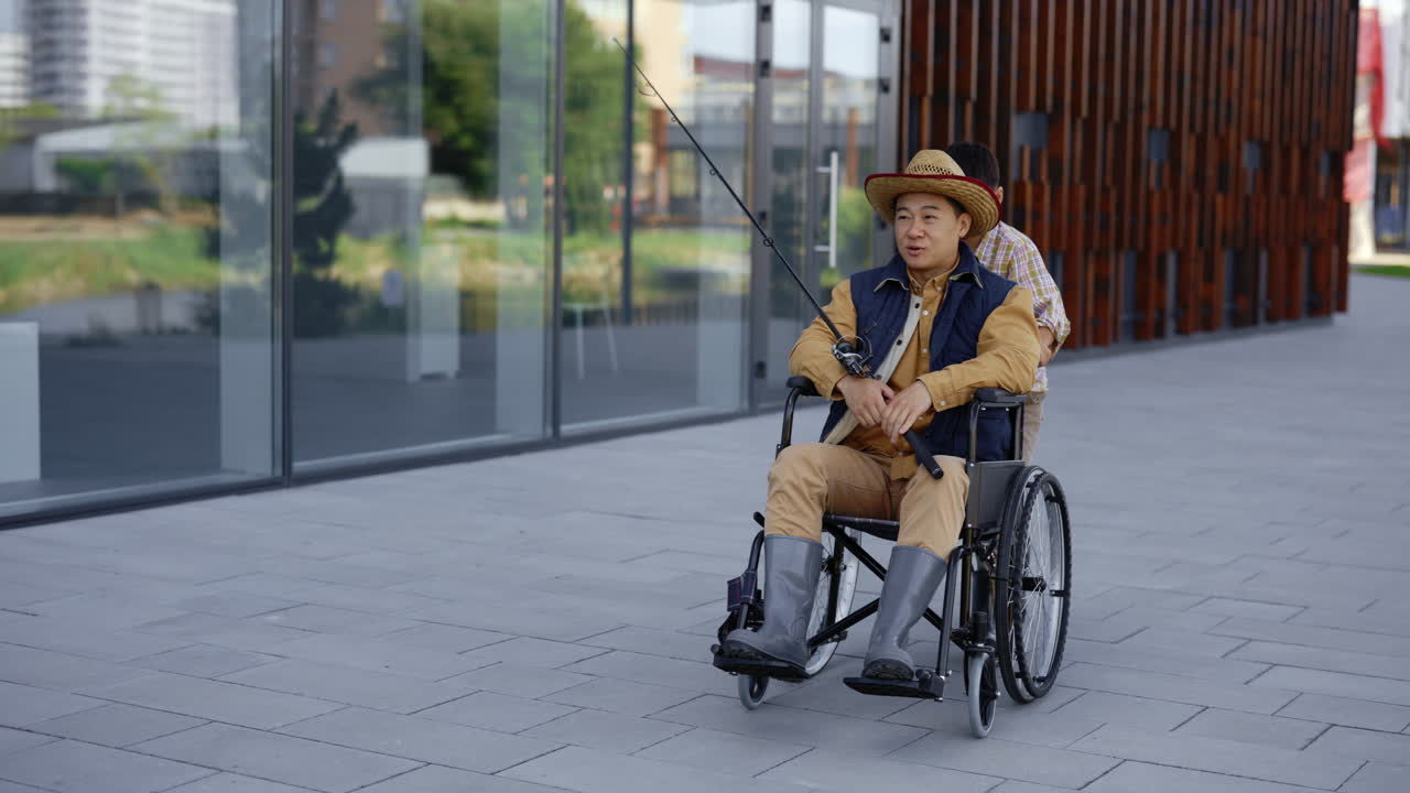 Father and son fishing in the city
