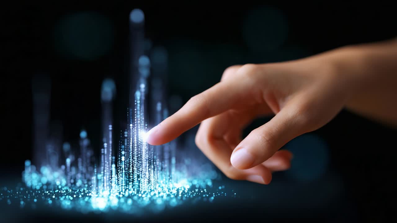 A hand reaches out to interact with a digital landscape made of glowing particles, showcasing waves of data that rise and fall, capturing the essence of technology and innovation in a mesmerizing way