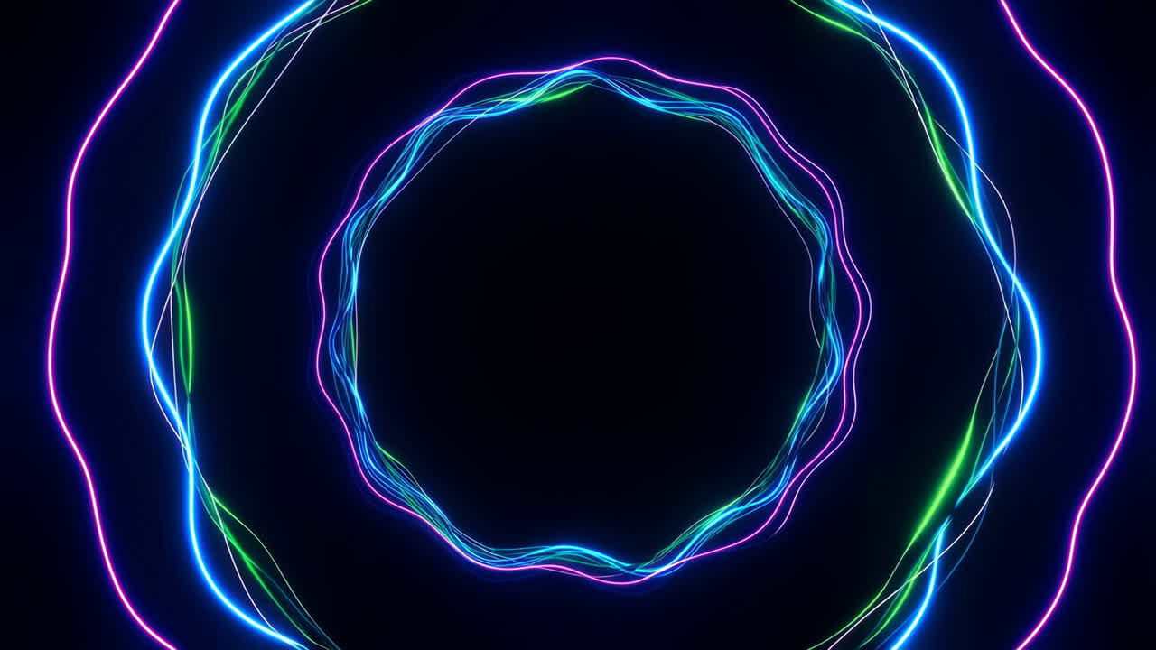 Abstract Neon Light Waves Concentric Circles on Black Background