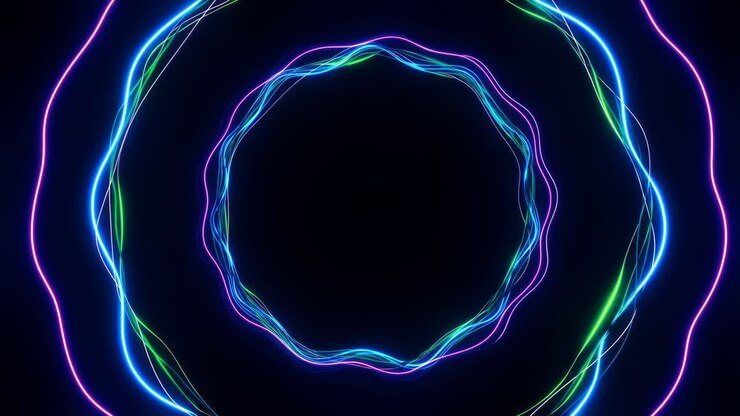 Ondas de Luz Neon Abstratas, Círculos Concêntricos em Fundo Preto