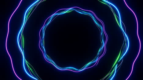 abstract neon light waves concentric circles on black background
