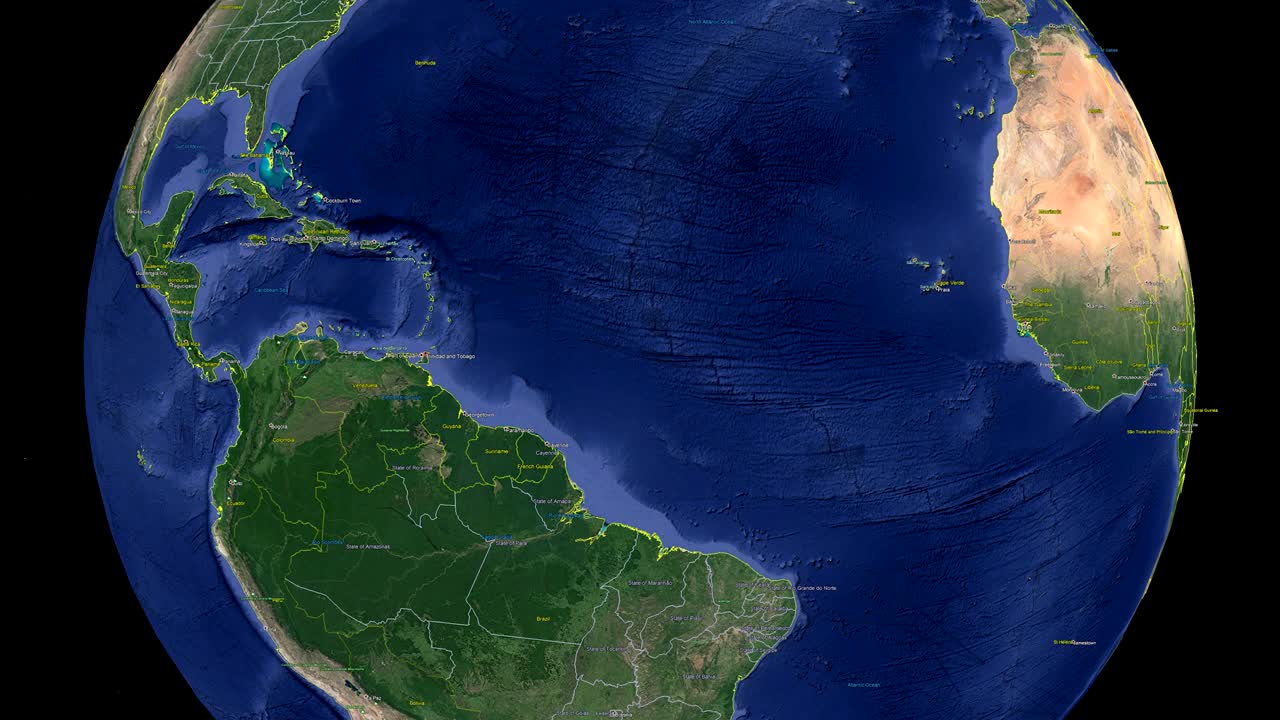Trinidad and Tobago with flag. 3d earth in space - zoom in Trinidad and Tobago outer