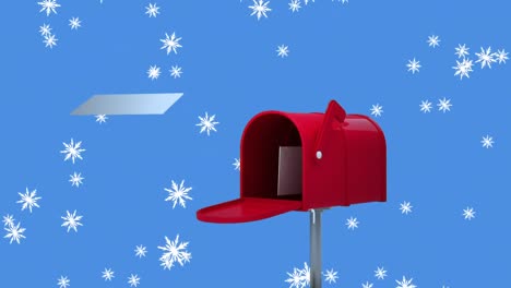 Animation-of-winter-scenery-with-snowflakes-falling-and-red-letterbox-with-letters-for-santa-claus-o