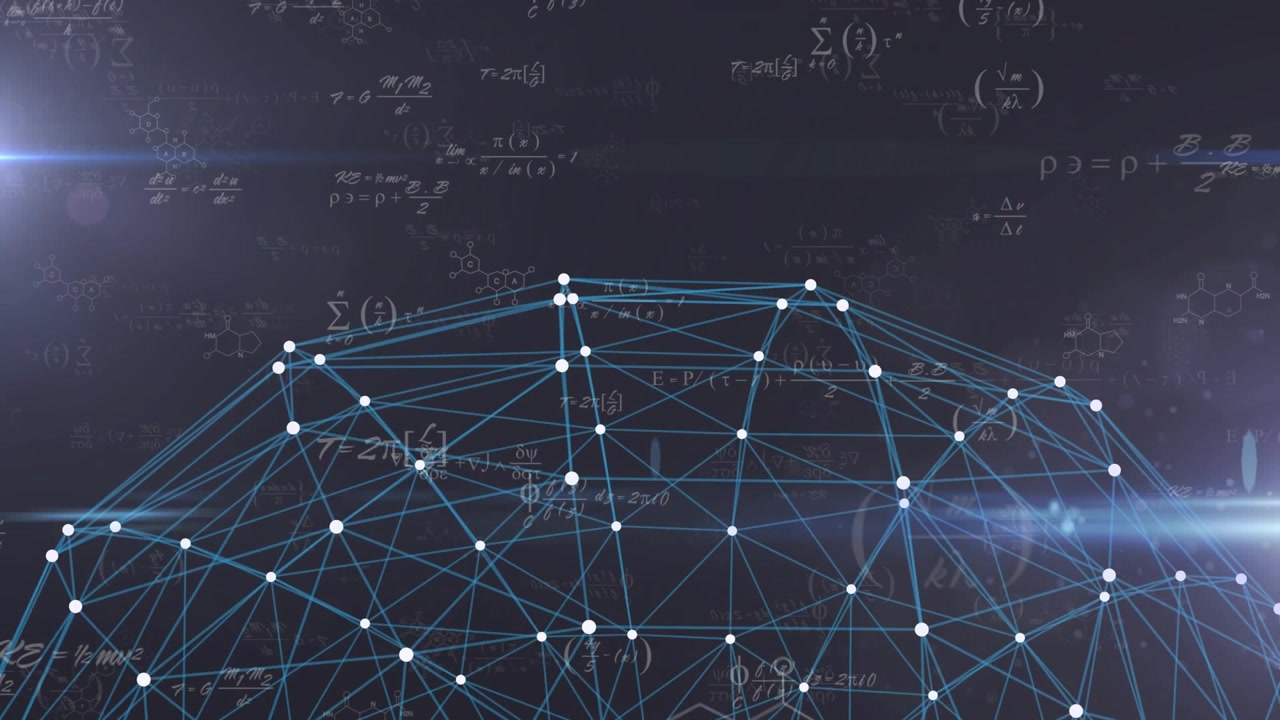 Upon scene opening wireframe dome emerging with pulsing nodes, fading formulas visualizing networks