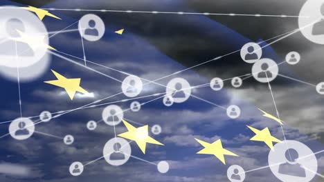 animation of network of connections with icons and clouds over flag of eu