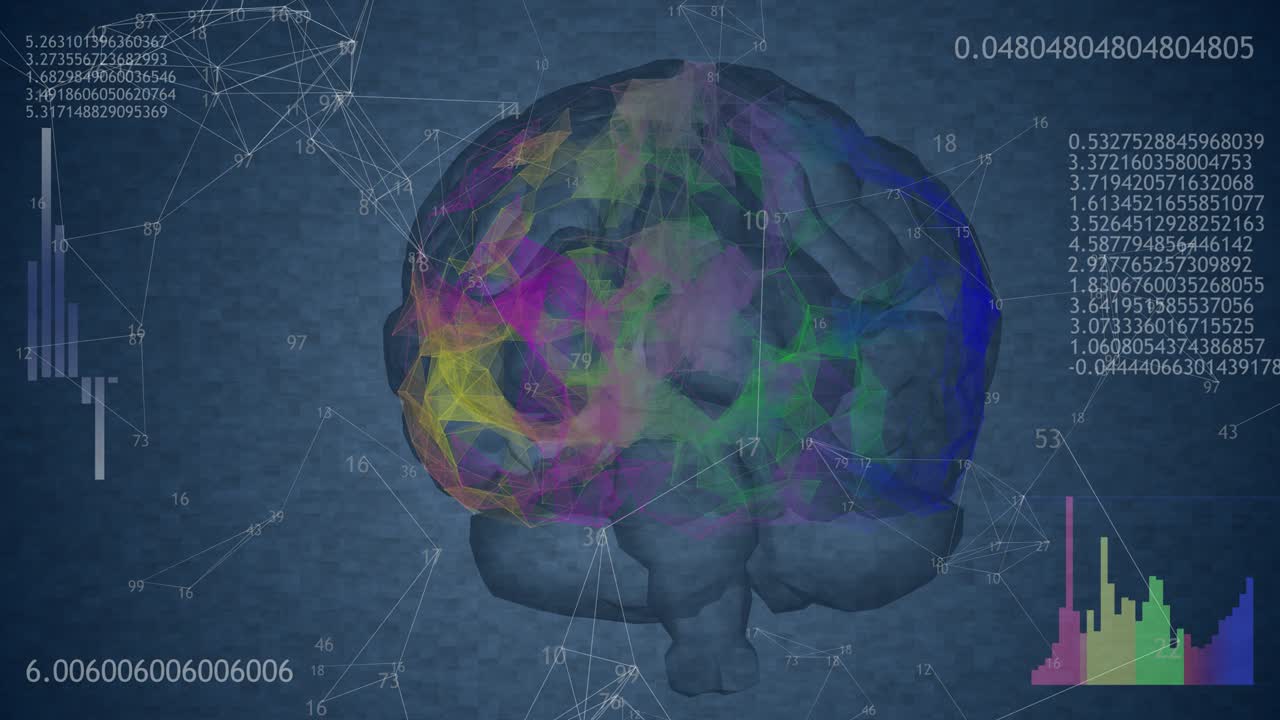 Rotating 360 low polygonal brain 3D model on blue background with animated numbers and diagrams. 4k animation