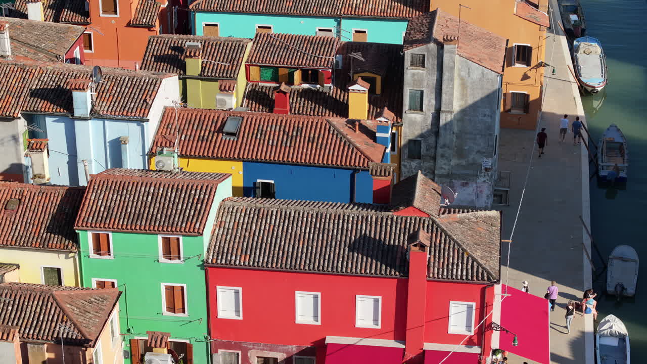 Aerial drone view of the colourful houses of Burano Island, Italy