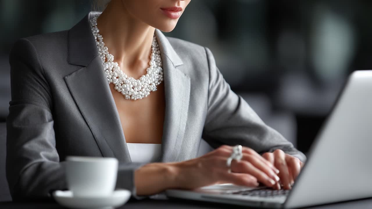 A Professional Woman in a Stylish Suit Engaged in Work at a Laptop, Accessorized with Elegant Jewelry and Enjoying a Cup of Coffee in a Modern Setting