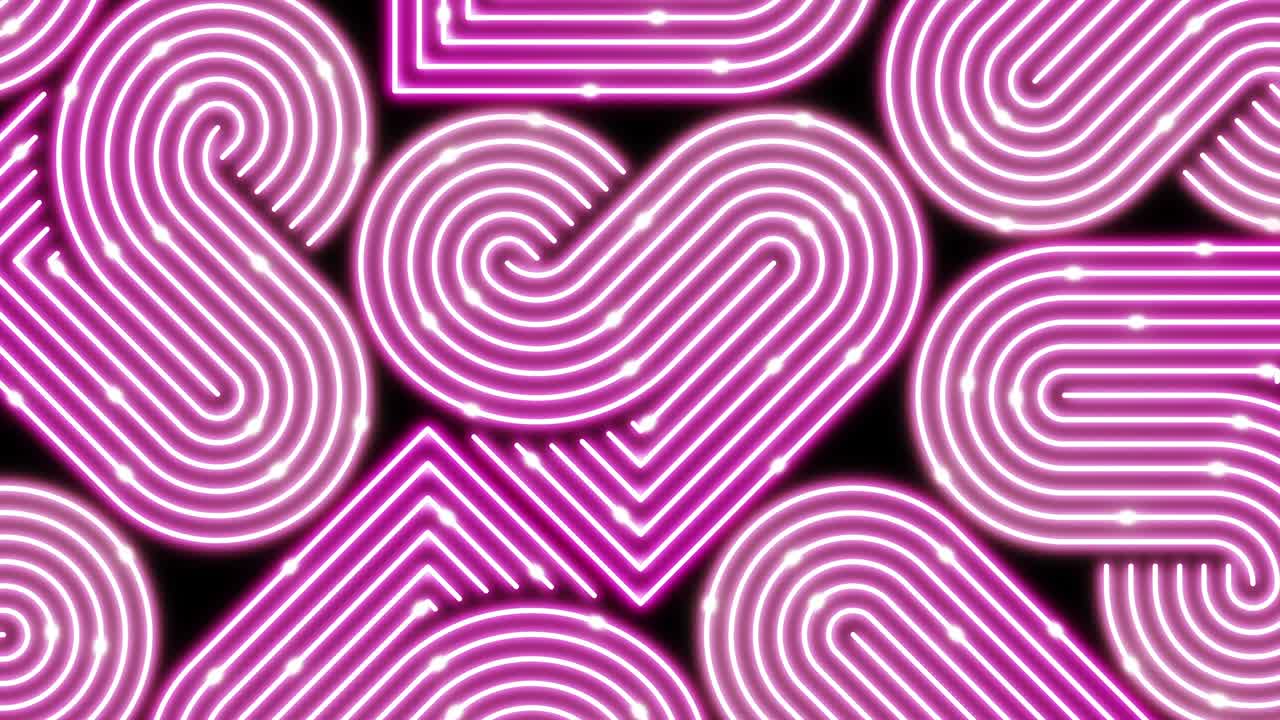 iluminación de línea de corazón patrón móvil color rosa, red de tecnología transferencia de datos digitales, diseño conceptual del día de san valentín, brillando sobre fondo negro animación de bucle sin costuras 4k con espacio de copia