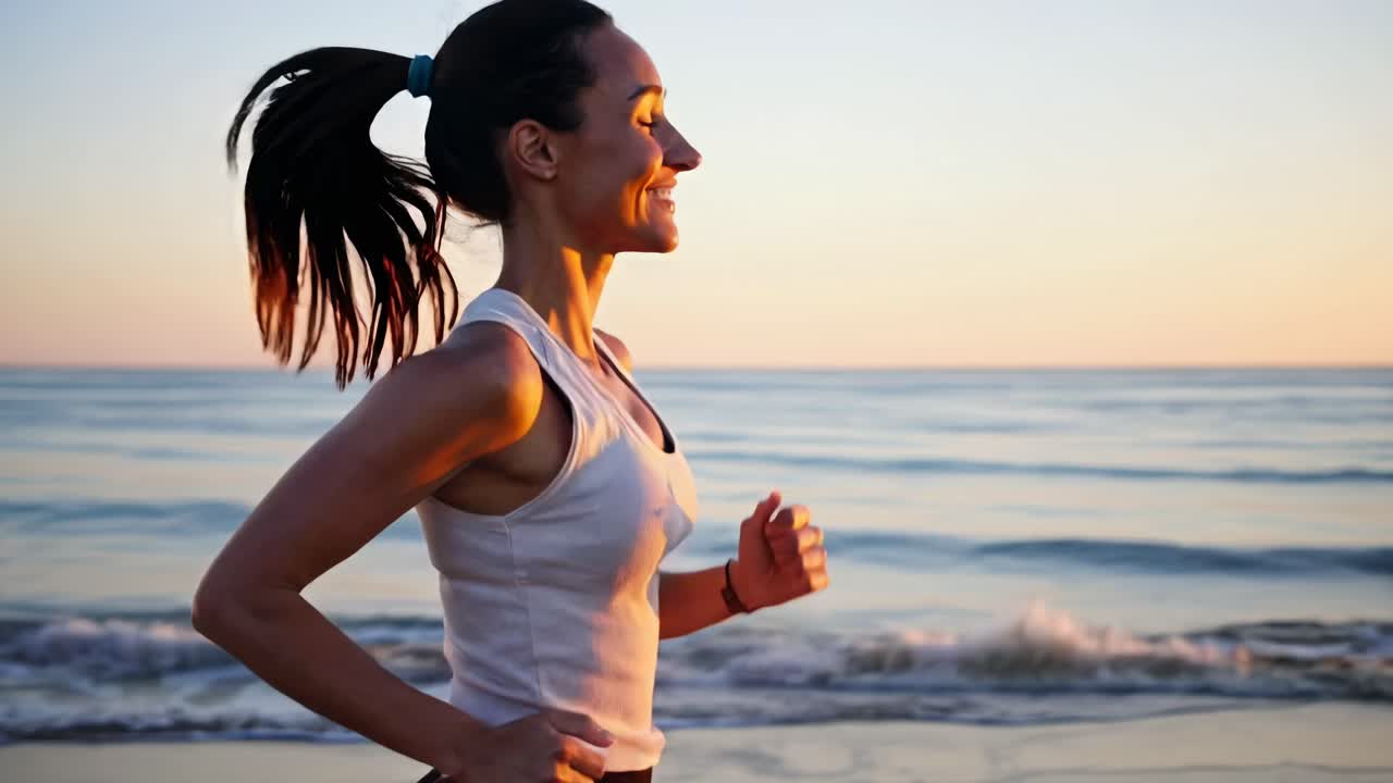 A woman jogs along the beach at sunrise, captured in a side profile angle