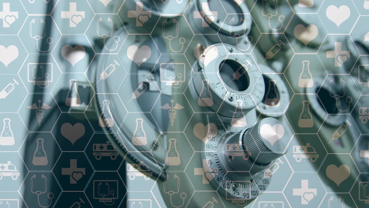 ⁇ 색 바탕에 있는 의료 장비의 다이얼 위에 반복되는 육각형의 의료 아이콘의 애니메이션