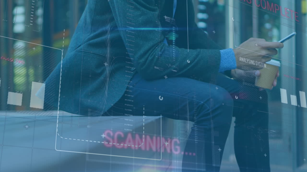 스마트폰을 사용하는 백인 남성에 대한 데이터 처리 애니메이션