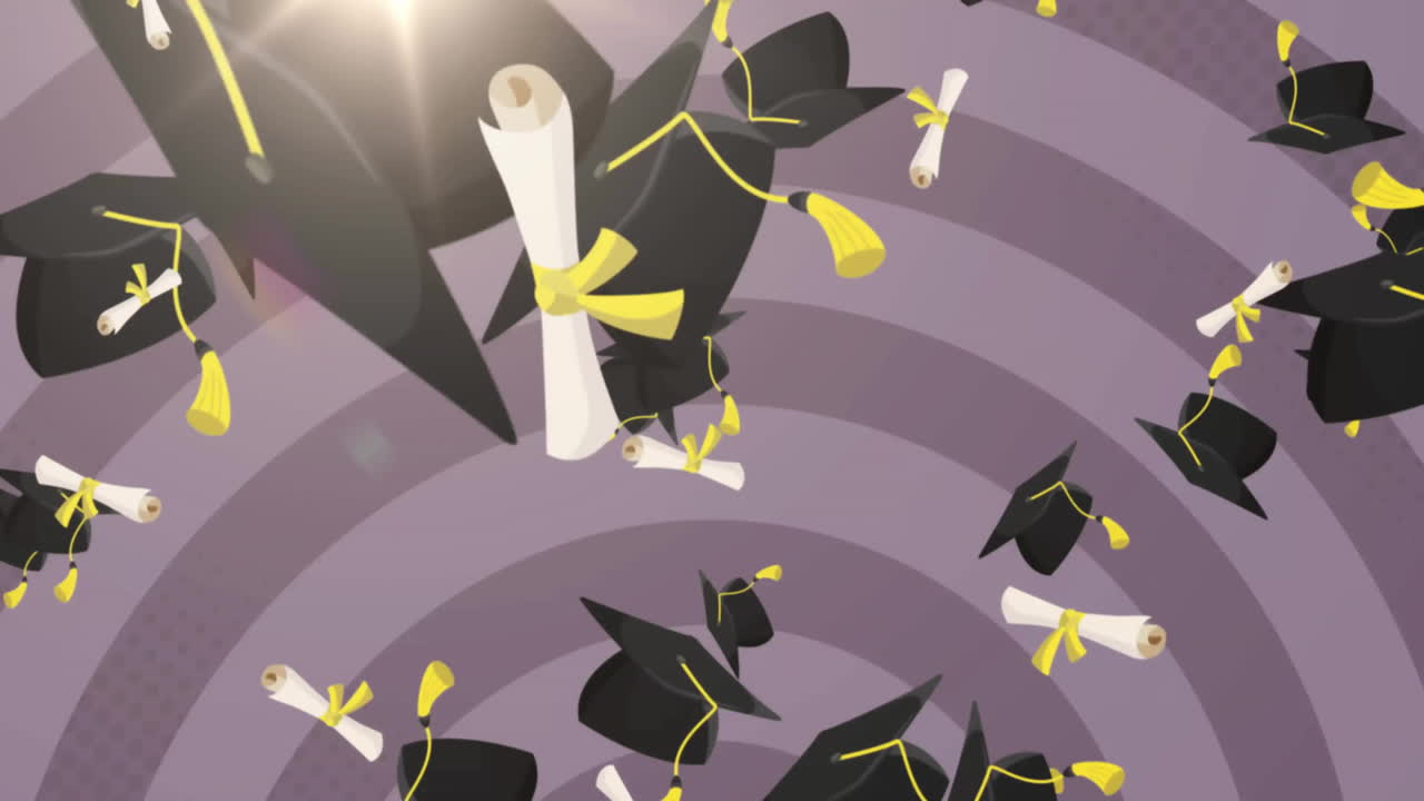 Animazione di cappelli da laurea e diploma su cerchi grigi