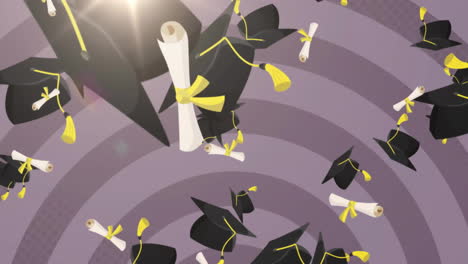 animation of graduation hats and diploma over gray circles