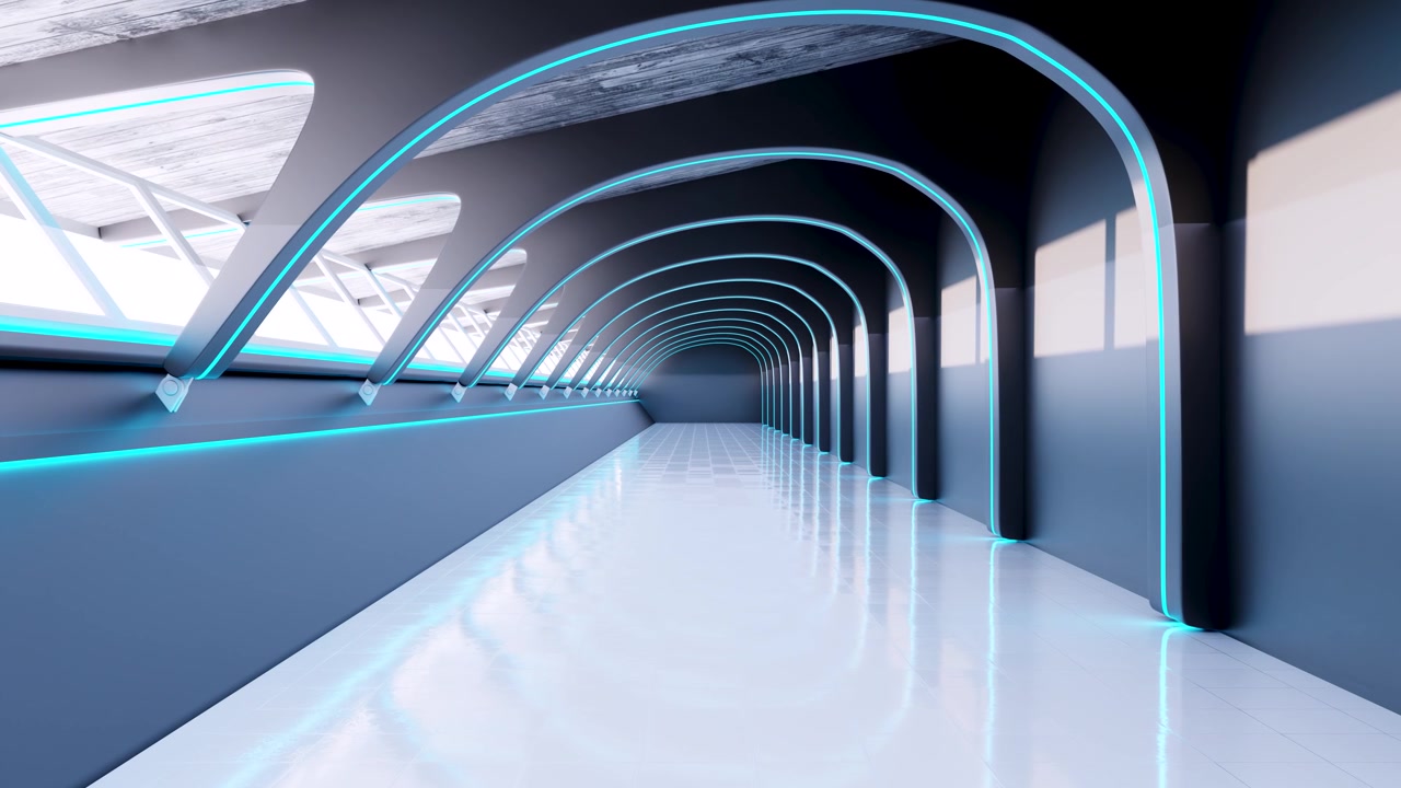 Futuristisk korridor med glødende blå neonlys.