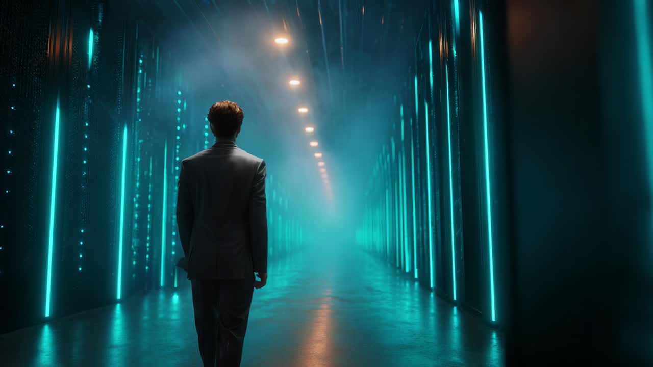 A silhouetted figure in a sleek suit walks down a futuristic corridor illuminated by vibrant blue lights, leading deeper into the mysterious haze, highlighting a blend of technology and intrigue