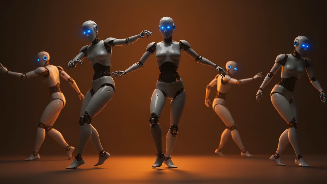 A captivating display of robotic figures gracefully dancing in unison, showcasing intricate movements and glowing blue elements against a warm, illuminated backdrop