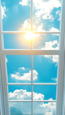 bright sky viewed through glass ceiling. sunlight streams through a glass ceiling, illuminating a bright blue sky scattered with fluffy clouds.