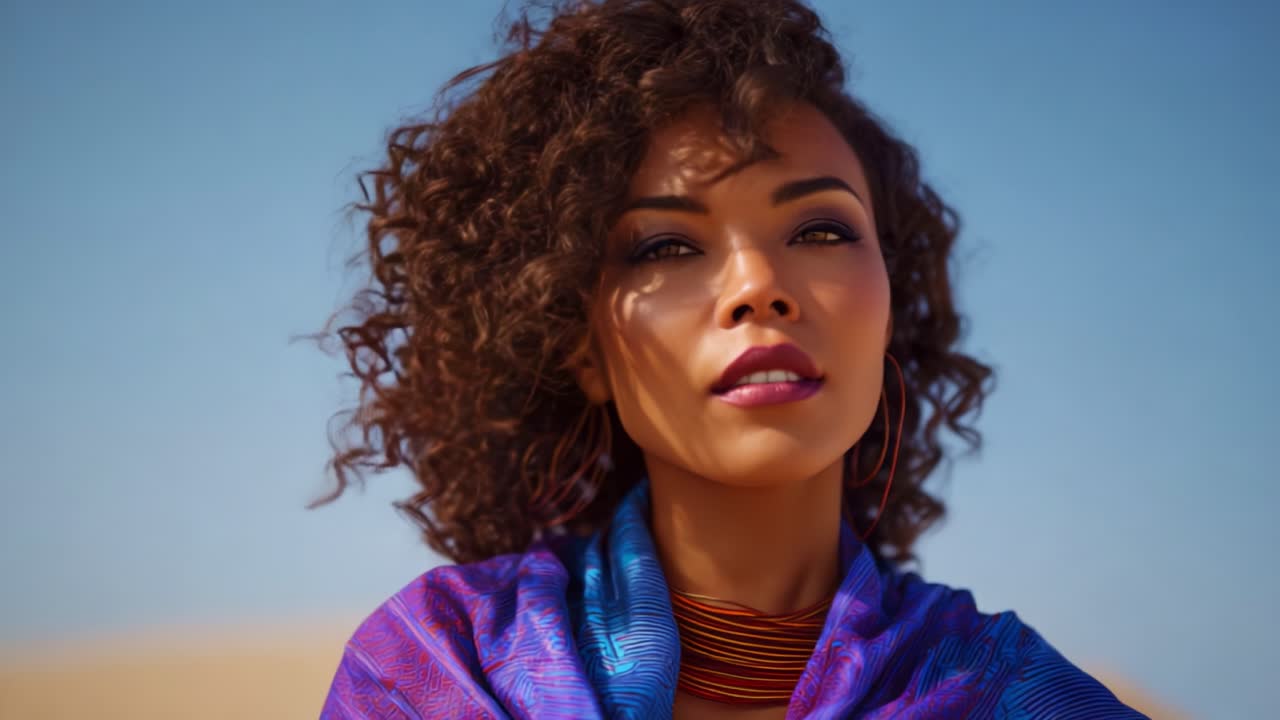 Captivating Portrait of a Woman with Curly Hair Draped in a Vibrant Scarf Against a Serene Sky, Radiating Confidence and Expressing Unique Personal Style
