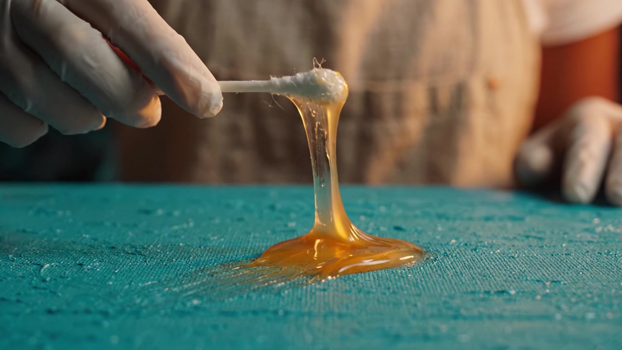 Uno sguardo ravvicinato al processo di applicazione di materiale viscoso con precisione usando un bastoncino di cotone su una superficie dai colori vivaci.
