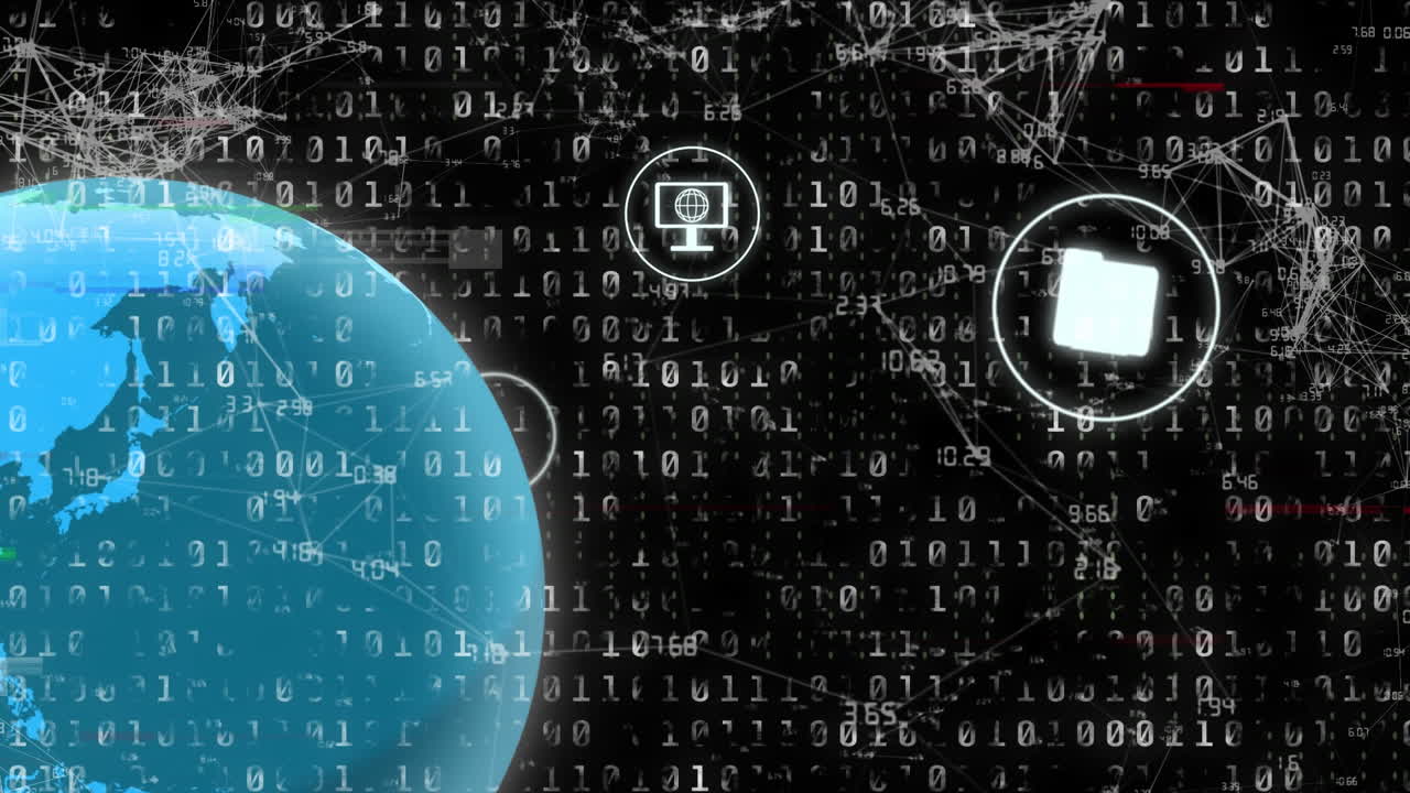 animación del globo con iconos y procesamiento de datos de codificación binaria.