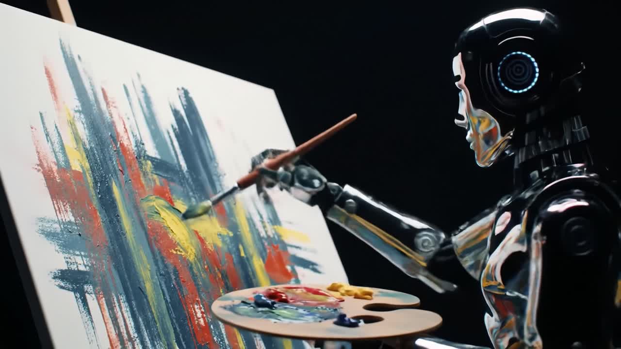 In a modern studio, a robot artist skillfully paints abstract artwork on a canvas. The unique combination of colors showcases the robot's artistic capabilities and creativity.