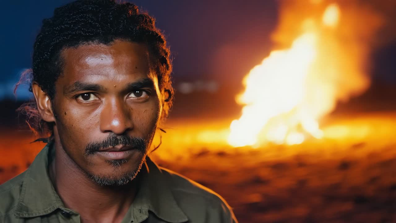 Portrait of a man with fire in the background