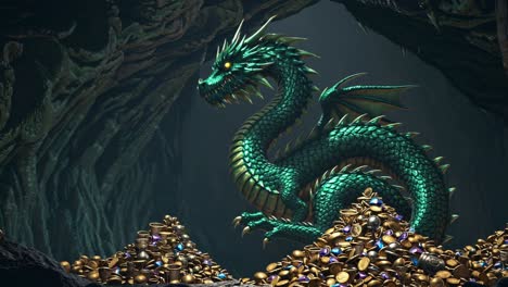un dragón verde guardando un tesoro en una cueva