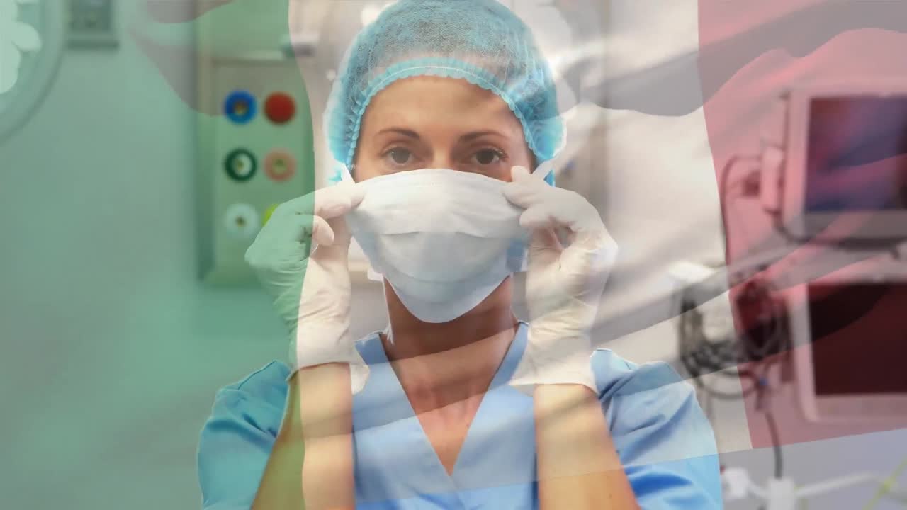 Animazione della bandiera italiana che sventola su un chirurgo donna in sala operatoria