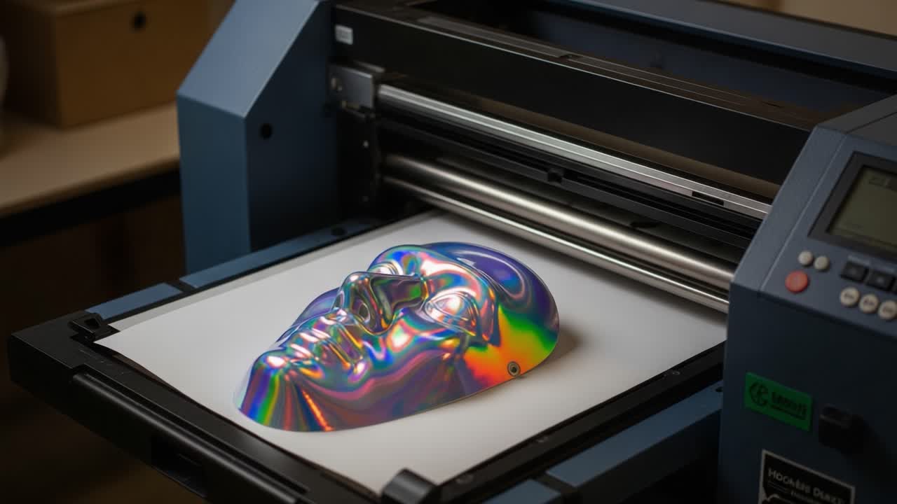 A Stunningly Colorful and Reflective Mask Sitting on a Printer, Showcasing Intricate Details and a Rainbow Spectrum of Shimmering Colors in a Studio Setting