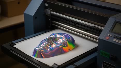 a stunningly colorful and reflective mask sitting on a printer, showcasing intricate details and a rainbow spectrum of shimmering colors in a studio setting