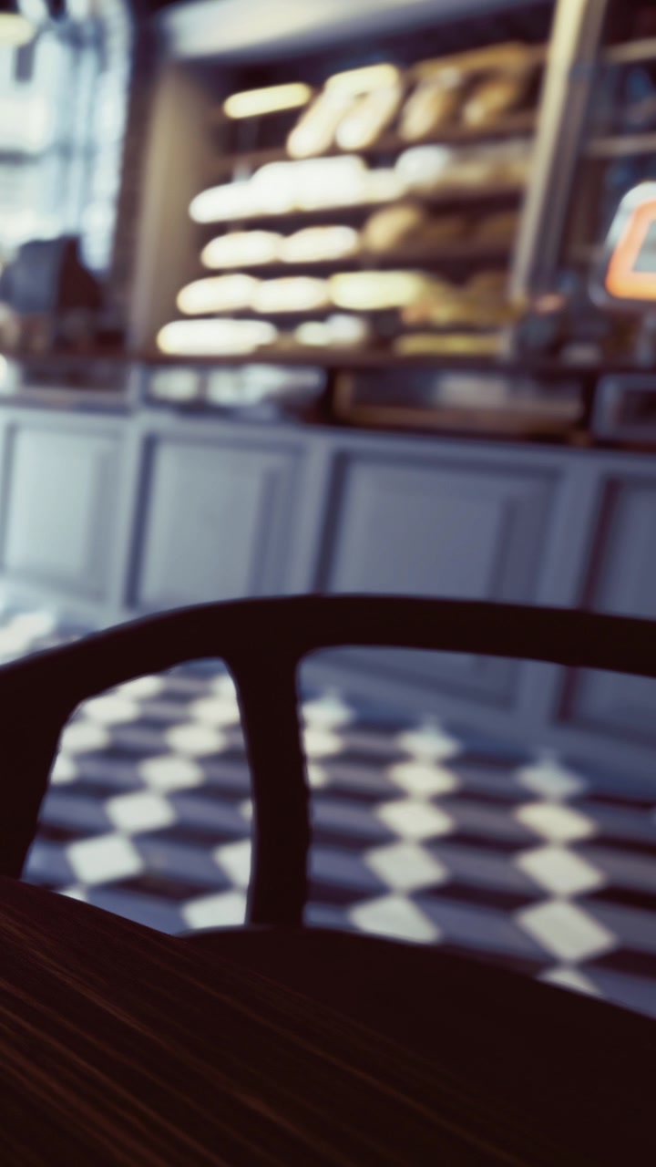 Interno di un caffè con vista sul bancone e prodotti da forno in esposizione.