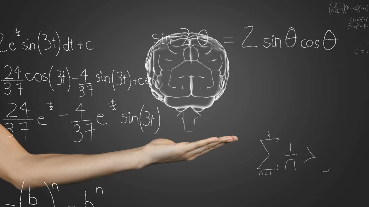Un segno che appare, un braccio che entra, che tiene il palmo, un cervello sospeso, formule che si disegnano per visualizzare la matematica
