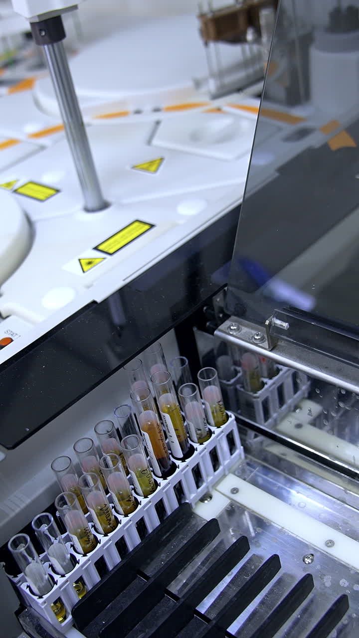 Modern advanced equipment performing science testing of blood in the hospital laboratory. Test glasses are moving inside the machine. Vertical video