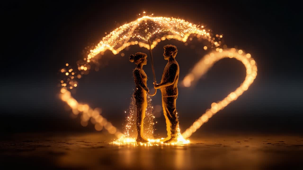 A Couple in a Magical Glow: Two Frames of a Romantic Moment Under a Sparkling Umbrella, Capturing Love's Essence and the Beauty of Togetherness in Art
