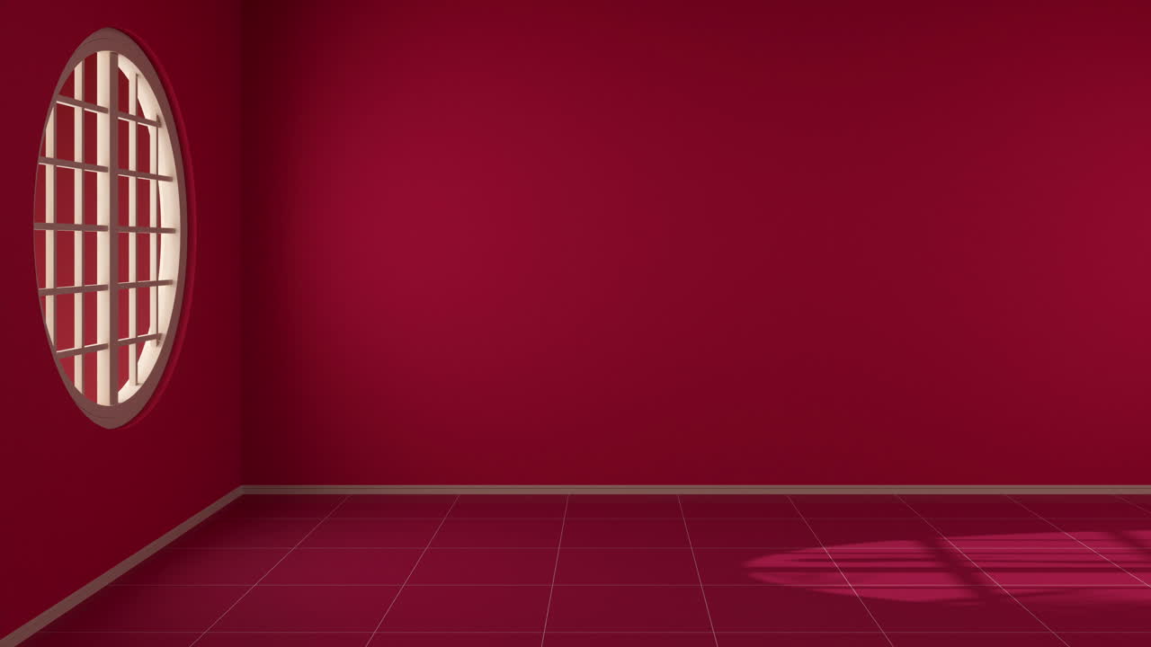 3d 렌더링으로 둥근 창을 가진 빈 방에서 시간이 지나갑니다.