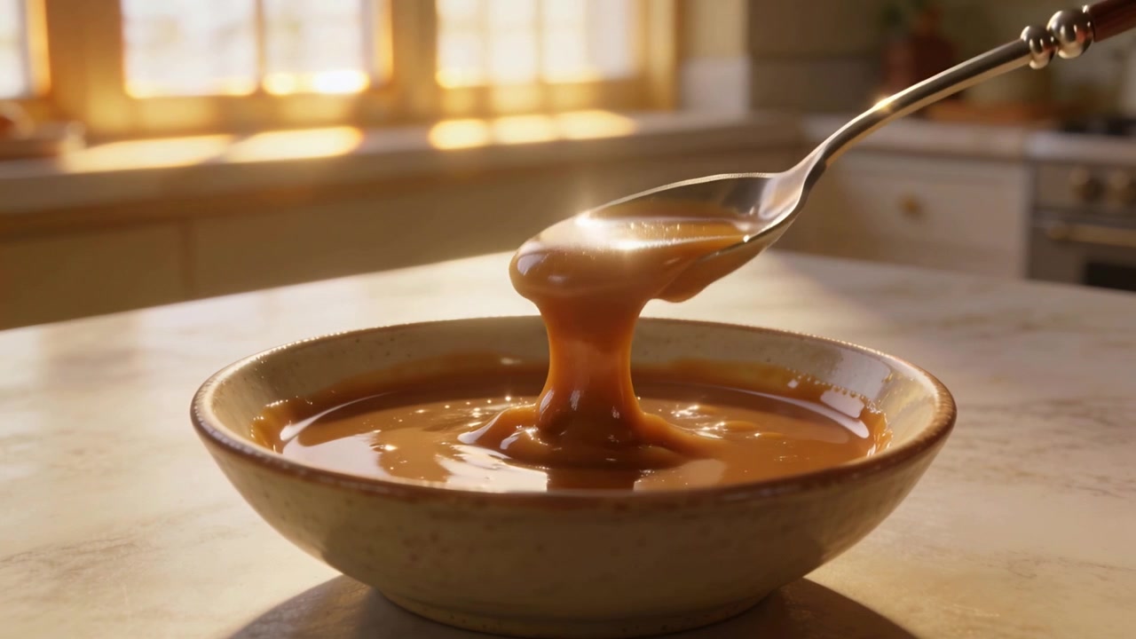 Dripping caramel sauce, right hand holding metal spoon stirring ceramic bowl in kitchen