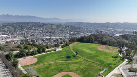 Drone-flight-Elysian-Park,-LosAngeles--baseball-field